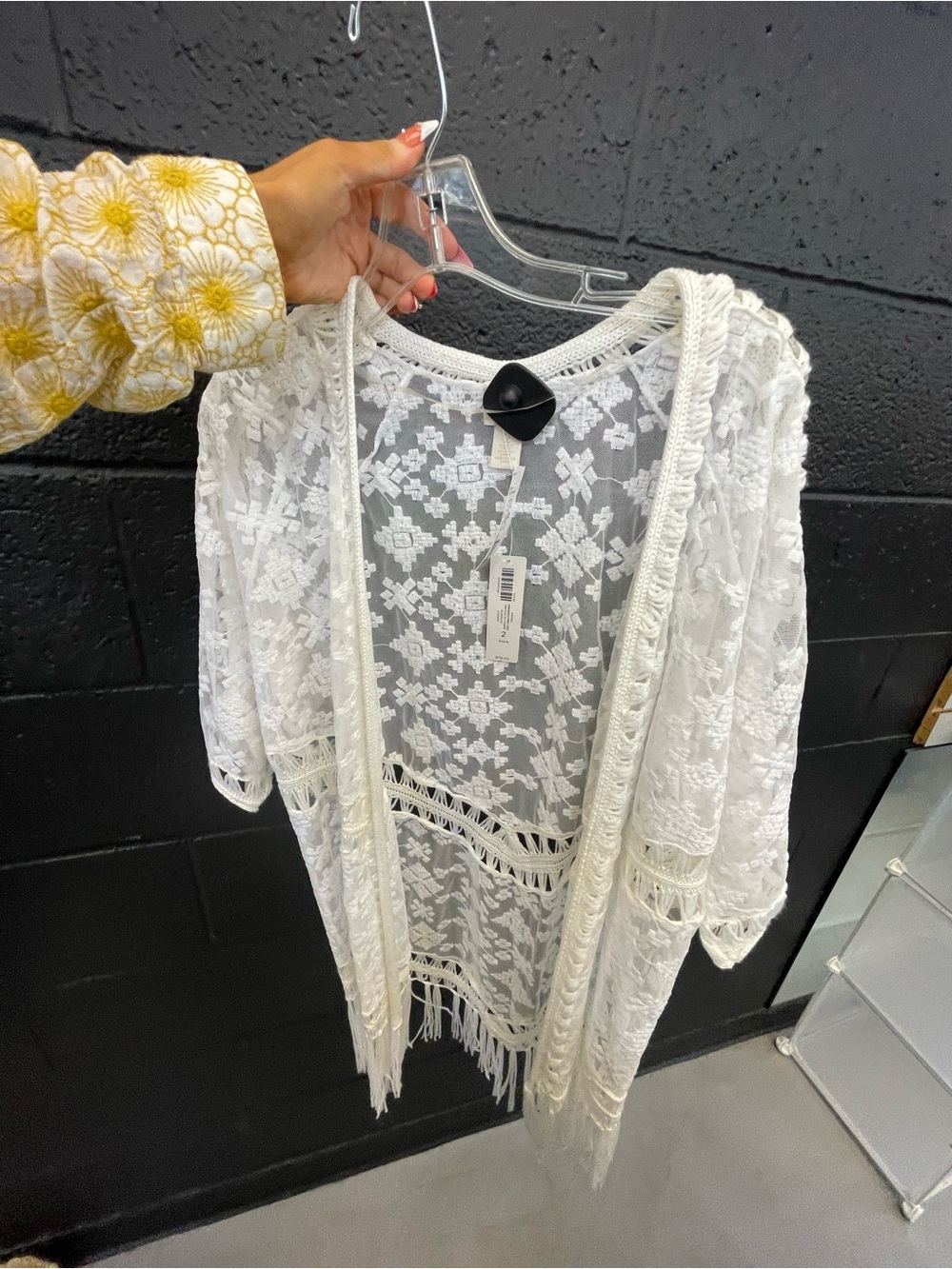 Chico's White Lace Fringe Open-Front Cardigan